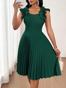 SHEIN Lady Váy ngắn thanh lịch viền bèo nhún vai màu trơn dành cho nữ - màu xanh lá - Xem 3