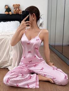 Dream Adore Women Pink Satin Striped Bow Print Sleeveless Spaghetti Strap Long Pajama Set Babydoll Pajama Set Lingerie Pajamas Set Pajama Set Women Women Summer Sets - Pink - View 4