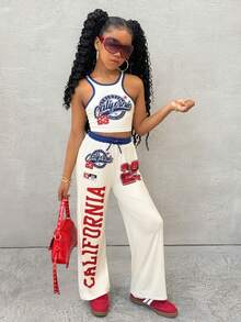 2pcs/Set Tween Girl Casual Street Style Numeric & Letter Print Camisole And Loose Pants Set, Suitable For Street Fashion, Spring/Summer Casual Short Sleeve Outfit - Multicolor - View 6
