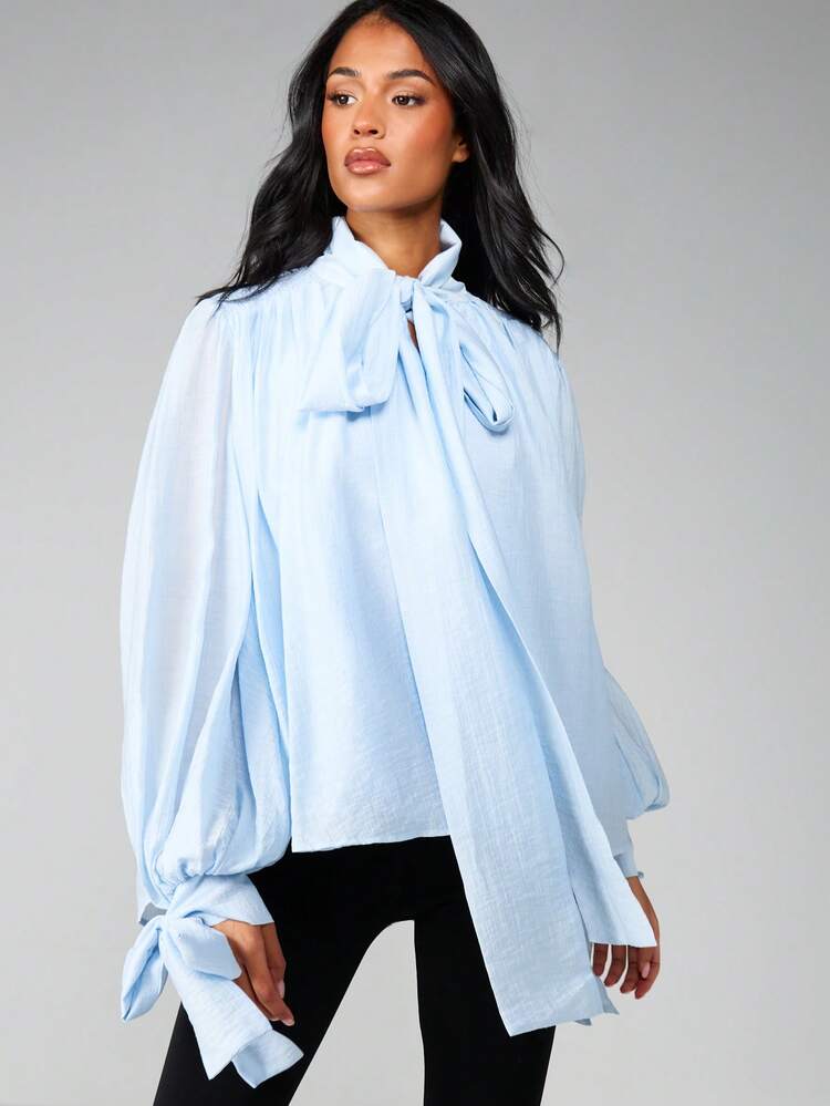 MISSGUIDED リボンネック フリルカフス 長袖ブラウス オフィスウェア ビジネスカジュアル