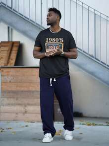 Heavens Edit 2025 Men's Summer Leisure Letter & Tape Print Round Neck Short Sleeve T-Shirt - Black - View 1