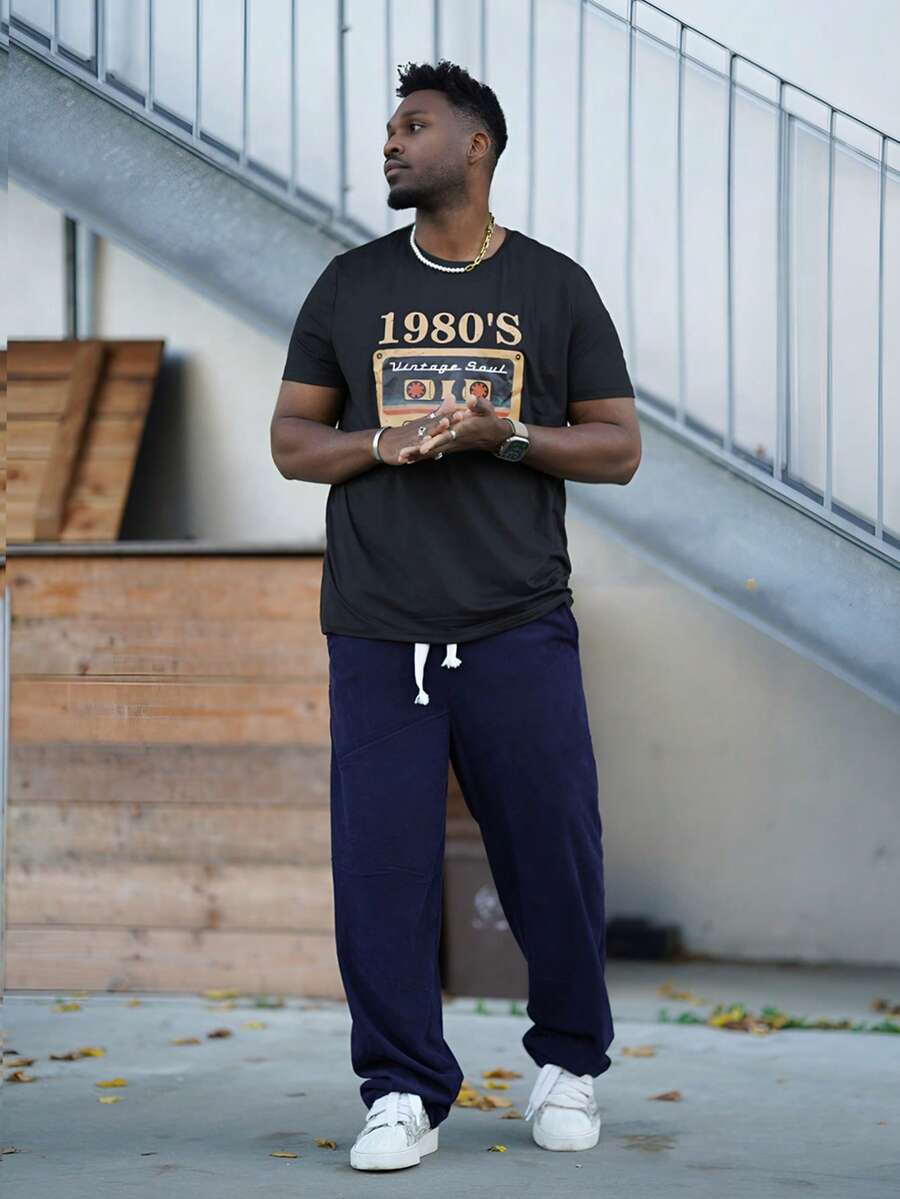 Heavens Edit 2025 Men's Summer Leisure Letter & Tape Print Round Neck Short Sleeve T-Shirt - Black - View 1