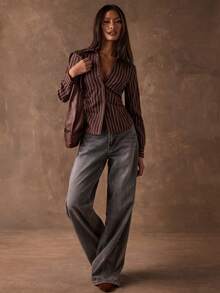 SHEIN BAE Áo sơ mi dài tay tối giản kẻ sọc dành cho nữ, trang phục thường ngày - Màu đỏ tím - Xem 4
