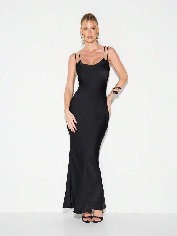 KIZN Satin Bodycon Maxi Dress With Square Neckline