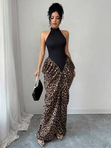 Elenzga 女士黑色针织拼接豹纹圆领无袖褶皱腰身优雅连衣裙，适合生日礼物、约会、派对、正式场合、鸡尾酒会、音乐节、情人节、复活节、劳动节、返校派对、单身派对、春季等场合。 - 黑色 - 查看 5