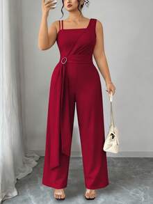 Elenzga Plus Size Women Elastic Knit Elegant Jumpsuit Pants, Metal Buckle, Asymmetric Design - Burgundy - View 5
