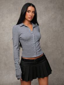 SHEIN BAE Women's Fashionable Versatile Solid Color Low Waist Pleated Mini Skirt - Black - View 3