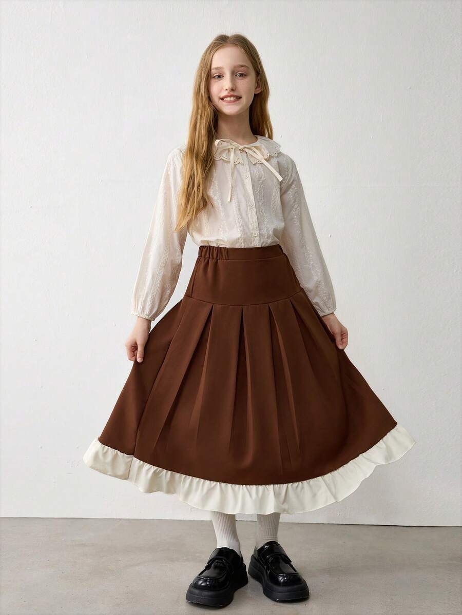 Tween Girls' Elastic Waist Pleated Floral Trim Casual Everyday Skirt - Coffee Brown - View 1