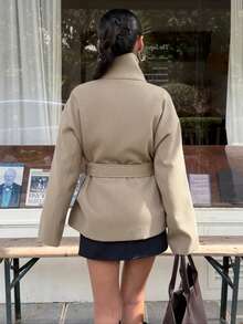 SHEIN EZwear 咖啡棕高腰長袖羊毛外套女款，卡其色，秋季，優雅，辦公室冬季高領蝴蝶結針織衫，日式北歐風服飾 - 卡其色 - 查看 2
