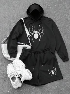 Sport MetroGents بدلة رياضية كاجوال للرجال تتكون من هودي بأكمام طويلة مطبوع عليه عنكبوت وشورت بخصر رباط