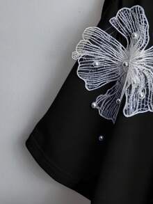 SHEIN Tall CURVE 大码女式夏季炮筒珠饰圆领短袖T恤 - 黑色 - 查看 3