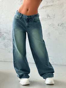 EURMUSE Women's Solid Color Low Rise Loose Fit Y2K Style Jeans - Medium Wash - View 3