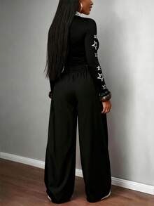 Rovax Y2K 街头服饰 复古嘻哈数码印花女款上衣和裤子两件套 - 黑色 - 查看 2