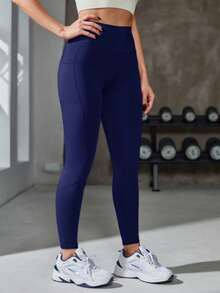 1 par de leggings deportivos para mujer, muy elásticos, con bolsillo para el móvil y cintura ancha, ideales para correr, montar en bicicleta, hacer ejercicio en el gimnasio y practicar diversas actividades deportivas. - Azul - Ver 6