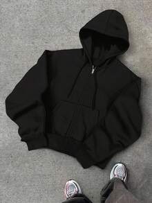 Manfinity Hypemode Men's Patchwork Sweatshirt Sweatshirt, Hooded Casual Athletic Style, Autumn/Winter,Men's Streetwear,Baggy,Brand,I Love My Boyfriend,Graphic,Boyfriend,Men's Casual Sports Short Zip Up Hoodie Grey , Fall