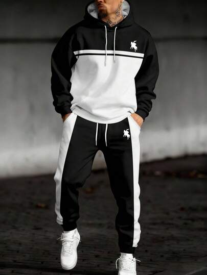 EGENSIO ชุดเสื้อฮู้ดลำลองแขนยาวทรงไหล่ตกสีตัดกันสำหรับผู้ชาย