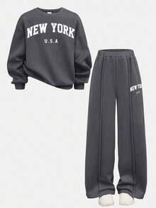 SHEIN Setelan Kasual Sehari-hari untuk Remaja Perempuan: Kaos Lengan Panjang Berkerah Bulat dengan Motif Huruf New York dan Celana Panjang Lurus - Grey - View 6