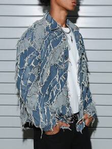 Manfinity EMRG Men's Fashion Long Sleeve Loose Denim Jacquard Jacket Jackets For Men Y2k - Medium Wash - View 4