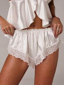 SHEIN BAE 女士蕾丝边蝴蝶结装饰性感内衣套装 - 白色 - 查看 5