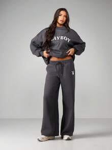 Missguided x Playboy Pantaloni della tuta oversize con gamba ampia, con vita con coulisse e polsini elastici per abbigliamento casual e comodo autunno inverno - Grigio Scuro - Visualizzare 3