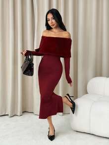 SHEIN PETITE Women's Burgundy Elegant Open Shoulder Christmas Dress,Autumn Plush Fur Trim Fitted Long Dress For Parties,Dining,Weddings & New Year's Eve Gown ,Petite Women - Burgundy - View 6