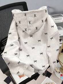 Resyla Women's Outerwear Tops, Autumn Jacket, Autumn/Winter, Graphic Design, Black Bow Print, Gray, Outdoor Streetwear, Photography, Must-Have, Eye-Catching, Back To School, Women Sweatshirt Sweatshirt