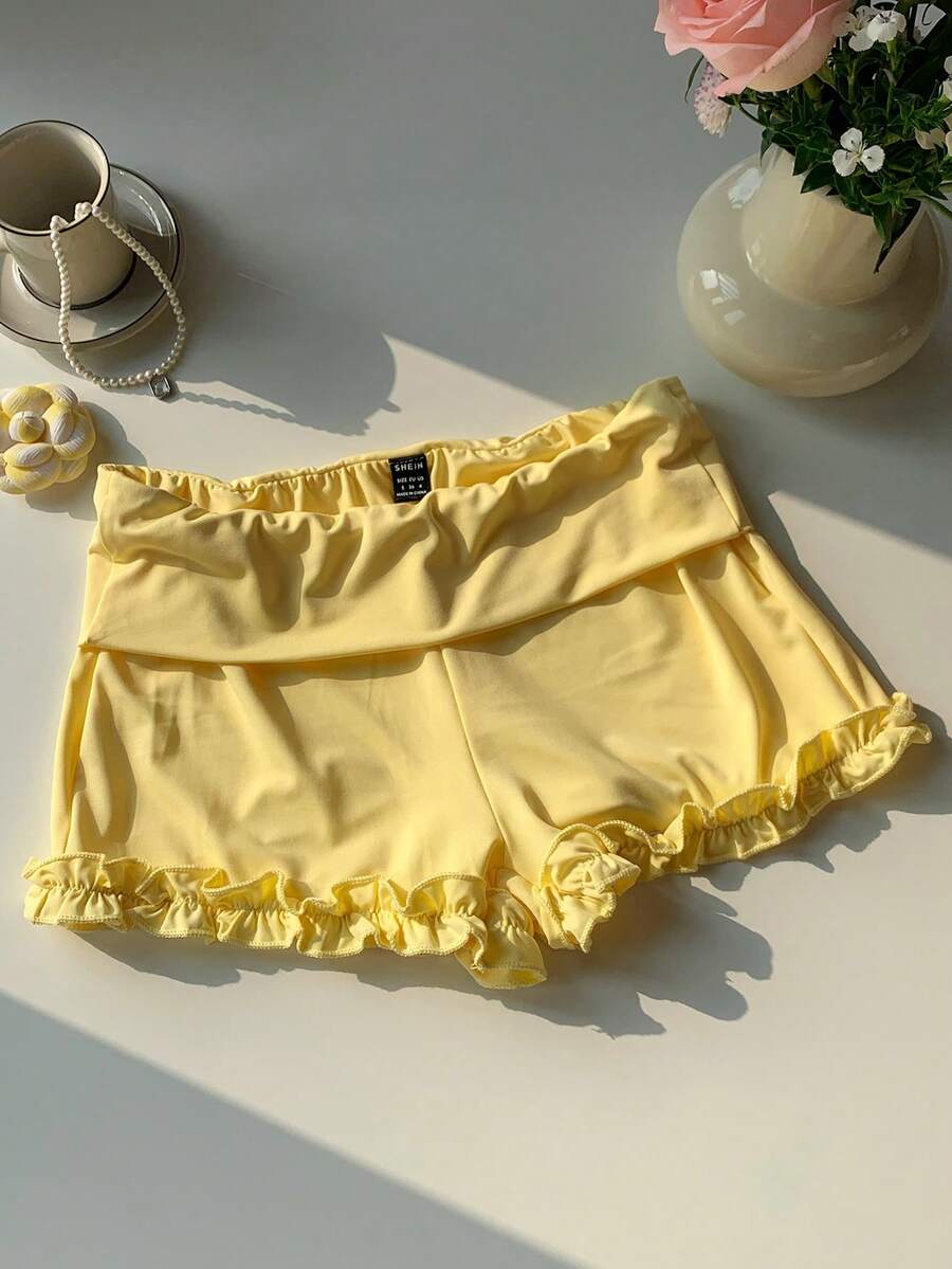 Comfortcana Women's Solid Color Lace Trim Casual Summer Shorts - Yellow - View 1