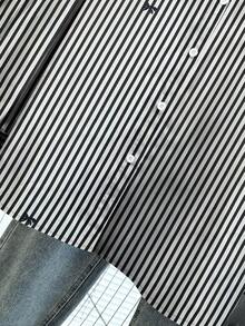 GlowEve CURVE Plus Size Casual Striped Bow Print Button Front Long Sleeve Shirt, Autumn - Black - View 5