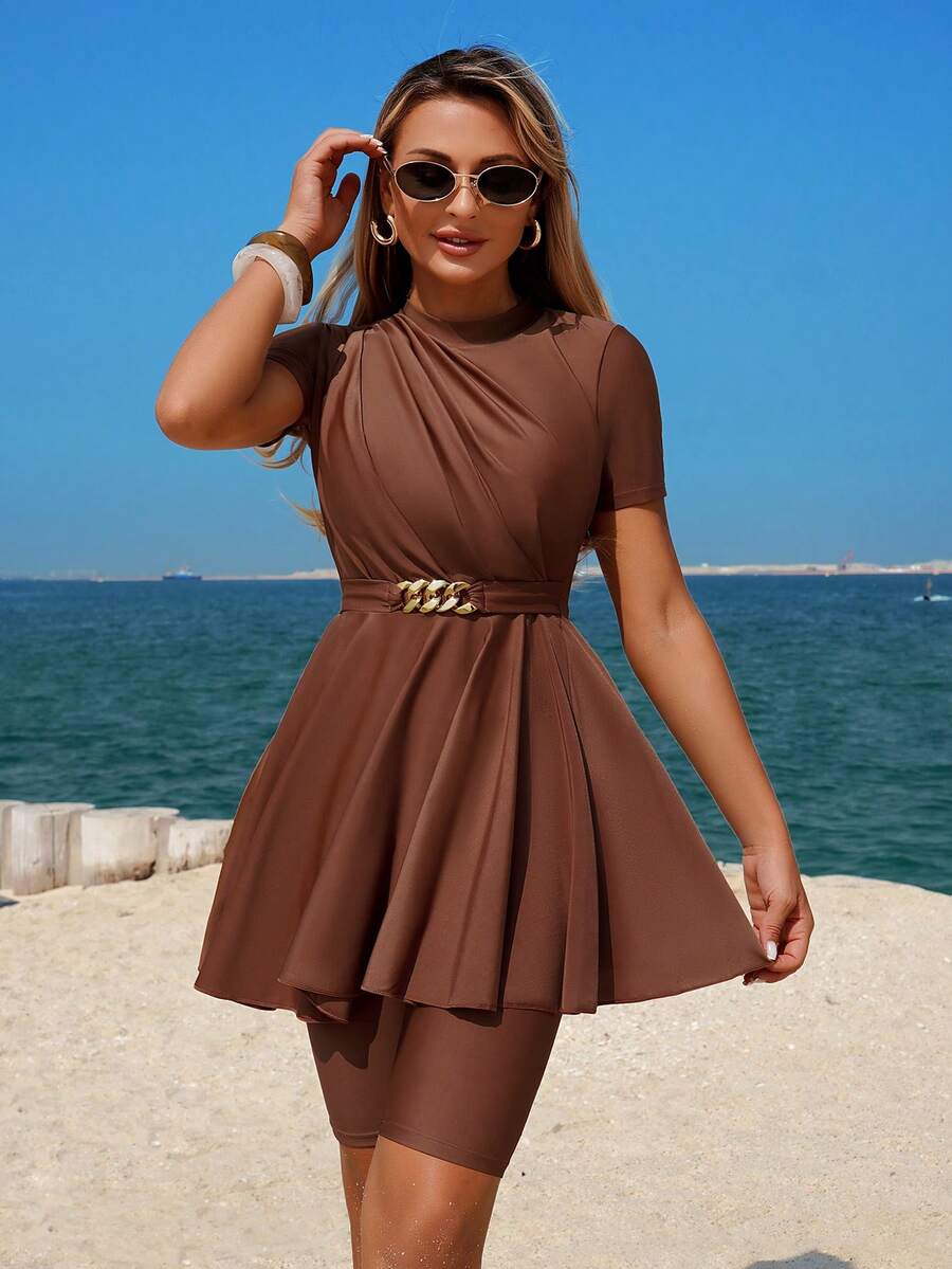 Swim Mulvari 2pcs Women's Fashionable Zip-Up Tankini Top And Shorts Swimsuit Set, Coffee Color, With Gold Chain Accent, For Spring/Summer - Coffee Brown - View 1