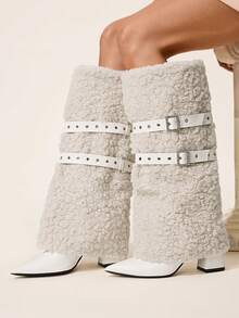 CUCCOO CHICEST Women's Pointed Toe Buckle Design Faux Fur Tall Boots For Christmas - White - View 6