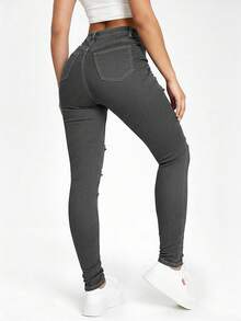 SHEIN ICON Black Slant Pocket Ripped Skinny Jeans - Grey - View 2