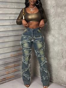 Slaydiva Winter New Women Plus Size Distressed Washed Vintage Denim Jeans - Medium Wash - View 4