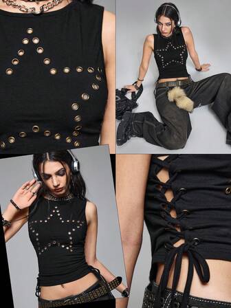 Grunge Punk Canotta da donna aderente con design a occhielli e lacci laterali, stile punk Y2K e sexy, ispirazione K-pop