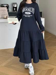 Teen Girls' Casual Loose Crew Neck Drop Shoulder Thermal Lined Ruched Hem Dress, Back To School, Suitable For Autumn/Winter, Girls Long Dress