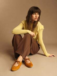 Rosivie 女士休闲百搭通勤简约纯色系带平底鞋 - 黃色 - 查看 10