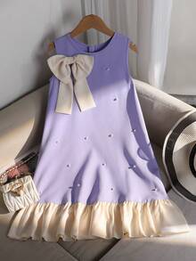 少女时尚可爱珍珠蝴蝶结无袖连衣裙 - 彩色 - 查看 5