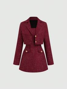 Sweetra Plus Size Retro Fitted High-End Blazer & Strapless Dress 2 Pieces Set