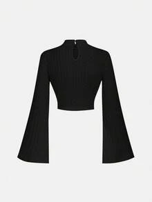 SHEIN MOD 纯色喇叭袖立领短款时尚百搭上衣 - 黑色 - 查看 2