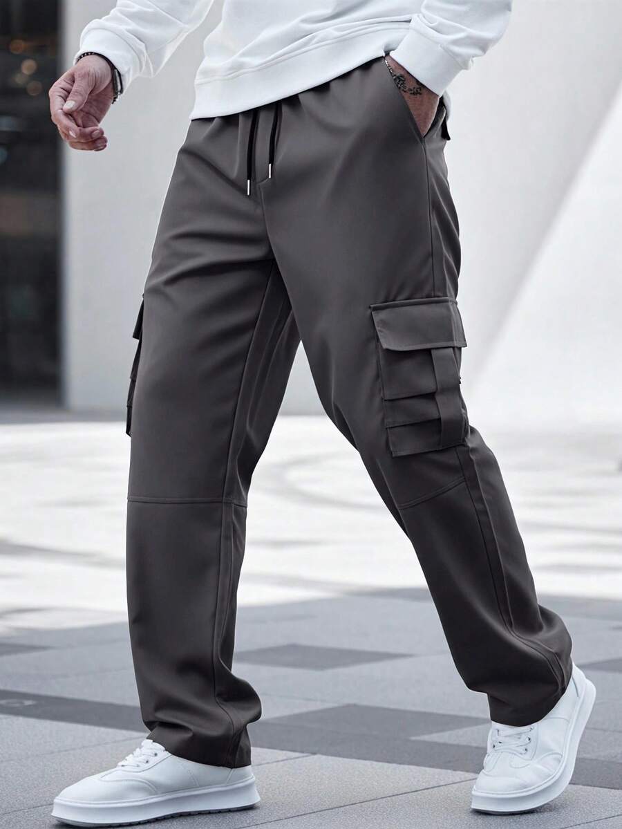 Manfinity CasualCool 男士纯色抽绳腰带工装口袋休闲宽松裤 - 深灰色 - 查看 1