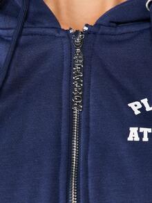 Missguided x Playboy Sudadera con capucha con cremallera completa en azul marino con rayas universitarias blancas para uso casual en invierno - Azul Marino - Ver 5
