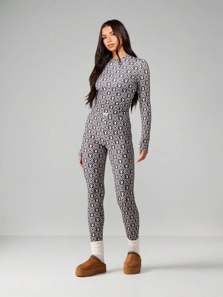 Missguided x Playboy Geometric Print High Rise Full Length Fitted Leggings With All Over Pattern Design For Casual Everyday Comfort And Style