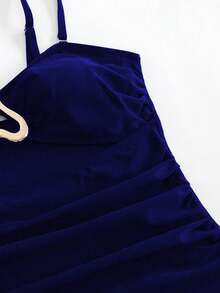 Swim Oasis 2026 New Women's Solid Color 2-Piece Strap Hollow Out Swimsuit With Mesh Maxi Skirt, Summer Casual One Piece Swimsuit Set Navy Blue Outfit Women Swimwear 3 Pieces Set Navy Blue Skirt Navy Blue Swimsuit Women's Navy Blue Outfit - Blue - View 5