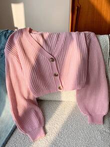 SHEIN EZwear Women Spring Daily Solid Color Long Sleeve Cardigan,Knitted Sweater In Fall/Winter - Baby Pink - View 3