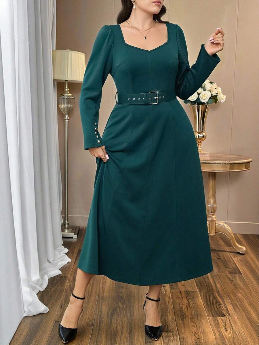 Modelyn Plus Size Women's Solid Color Sweetheart Neck Puff Sleeve Button Design Elegant Dress - Dark Green - View 1