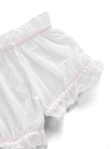 Costume de lingerie sexy pour femmes, garniture en dentelle blanche et patchwork en maille, assorti avec un nœud rose, style de vacances et de fête cosplay de couleur unie