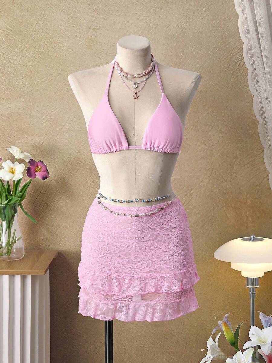 Bellisia 女士沙滩度假甜美可爱性感露肩蕾丝荷叶边装饰蛋糕裙迷你连衣裙沙滩罩衫 - 淺粉色 - 查看 1