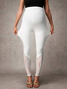 MaterniChic Adjustable High Waist Contrast Lace Leggings, Elegant & Suitable For Pregnant Women, Office Commute & Daily Wear - White - View 2