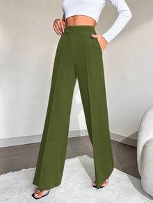 Women's Solid Color Seam Front Pocket Straight Leg Suit Pants - Army Green - View 3