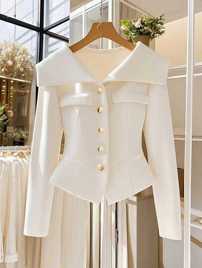 Franclia Women's Elegant High-End V-Neck Long Sleeve Faux Pocket Decor Single-Breasted Cinched Waist Short Fashionable Blouse