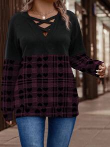 EMERY ROSE 大码女式心形图案宽松落肩休闲卫衣 - 彩色 - 查看 3